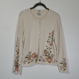 Vintage Talbots Silk Button Up Knit Cardigan Size S Floral Cream Ivory Cottage